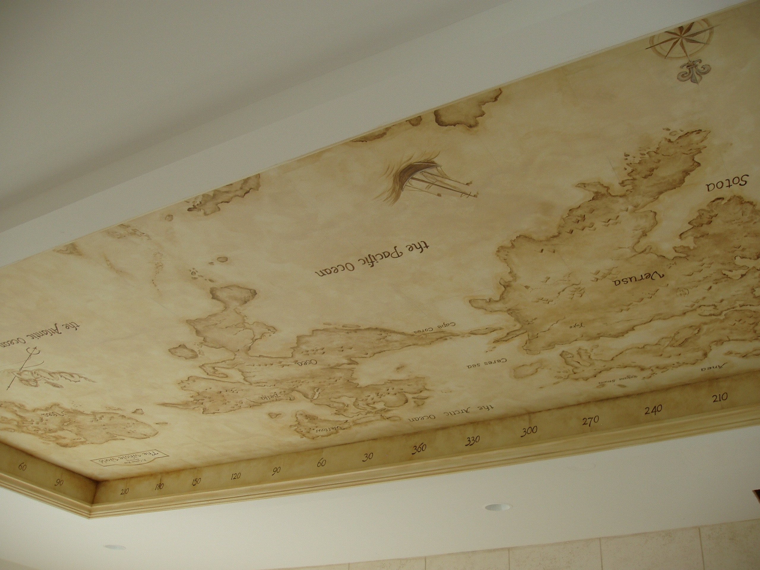 Antique world map ceiling mural — full room view with hand-painted parchment map in tray ceiling