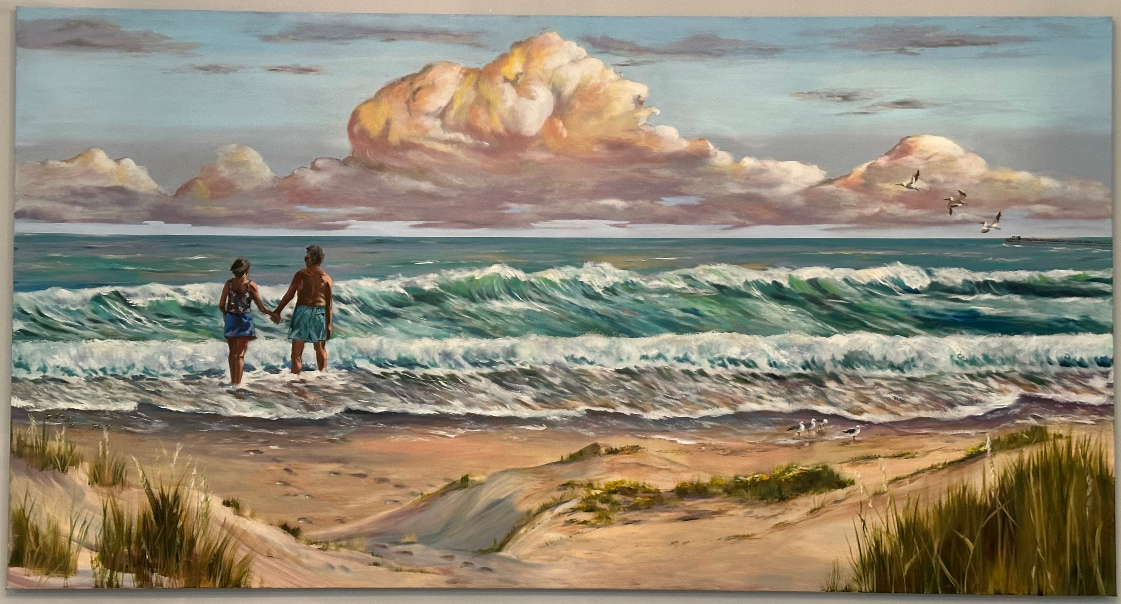 Children wading in ocean waves together — commissioned painting