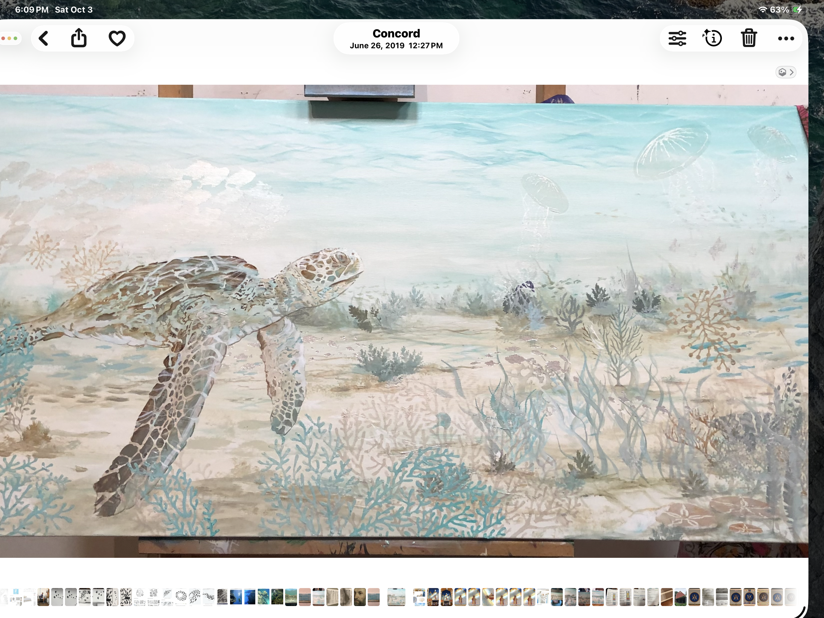 Sea turtle swimming over sandy seabed with coral and jellyfish — commissioned mural by Lisa Autry