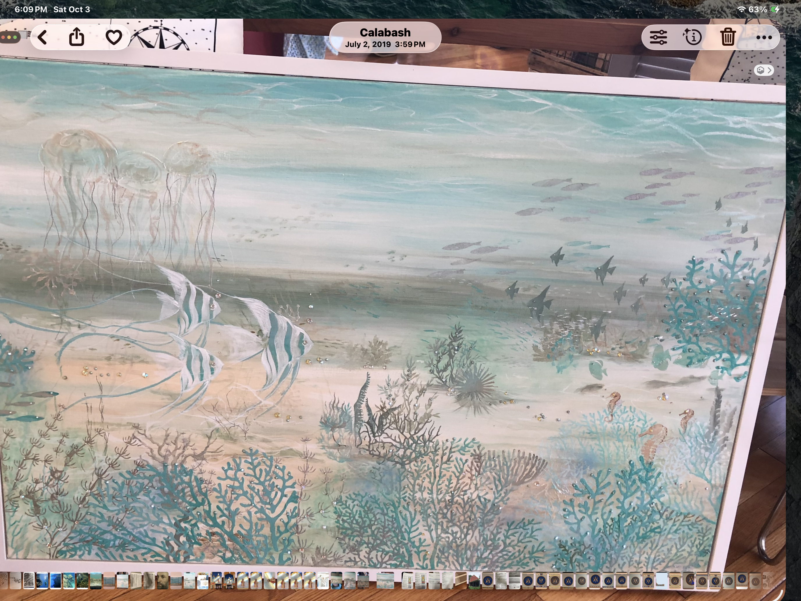 Underwater mural with angelfish, jellyfish, seahorses and coral — commissioned painting by Lisa Autry