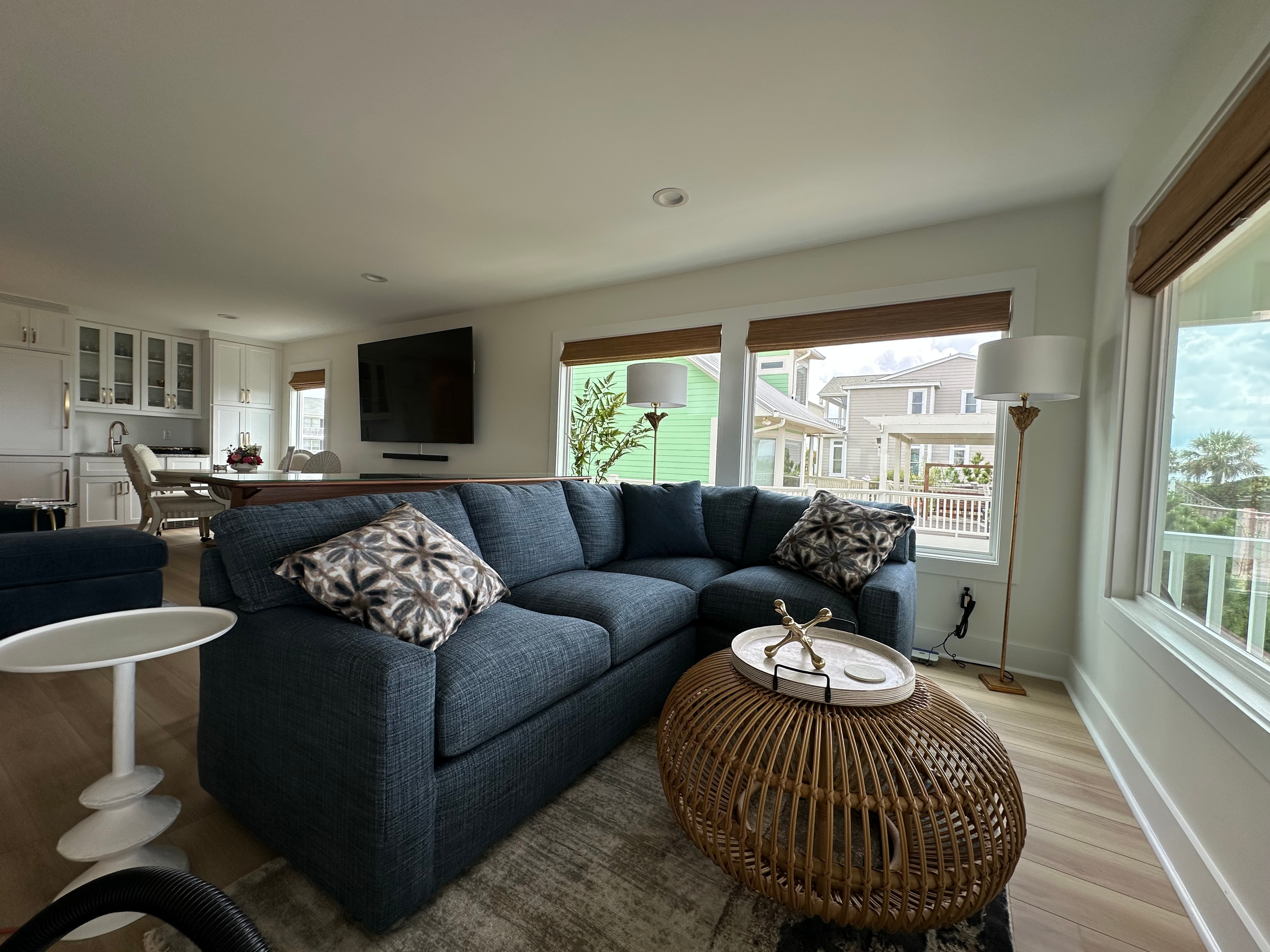 Modern living room with blue sectional sofa — Holden Beach NC