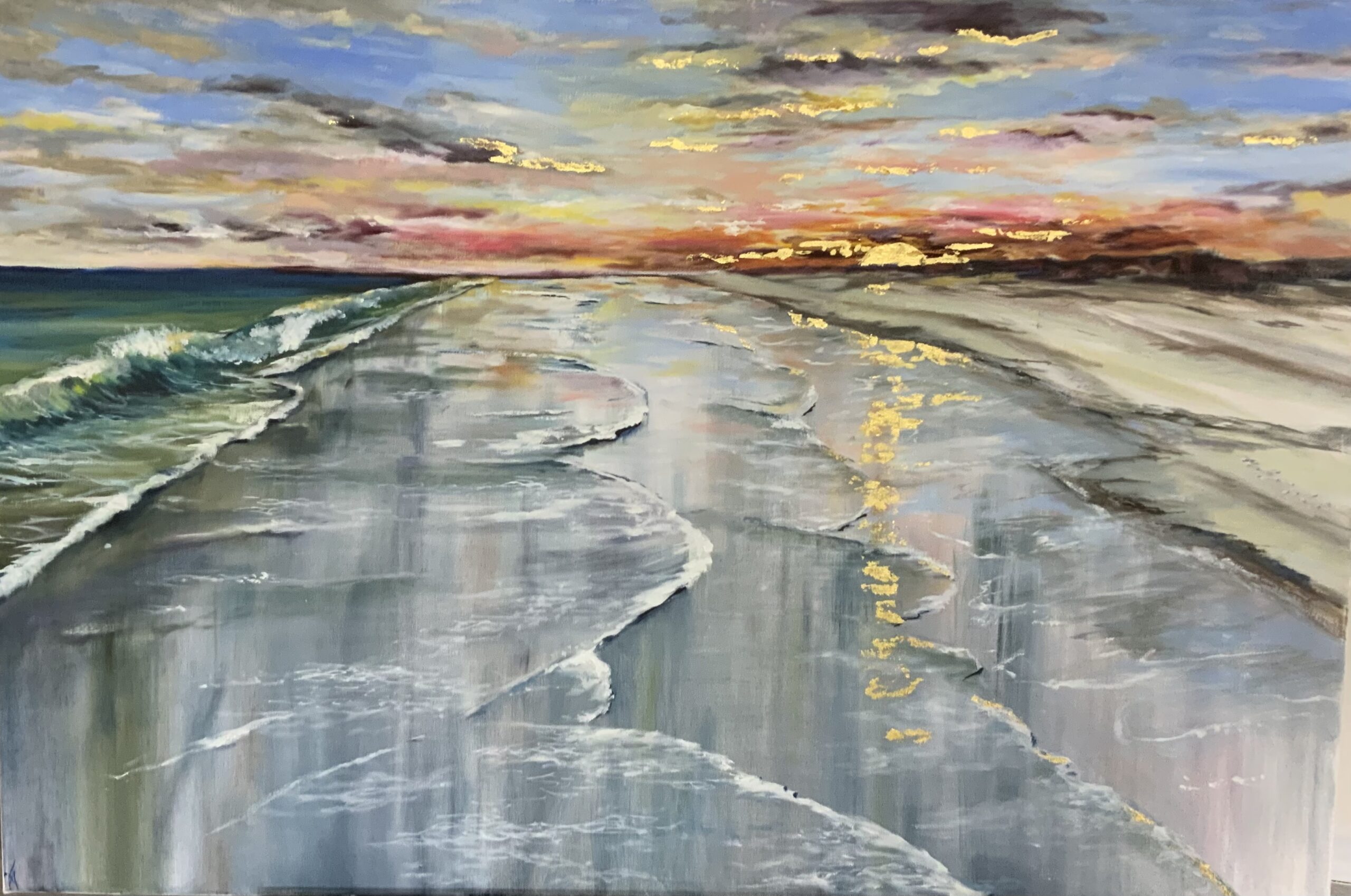 A painting of the ocean and sunset