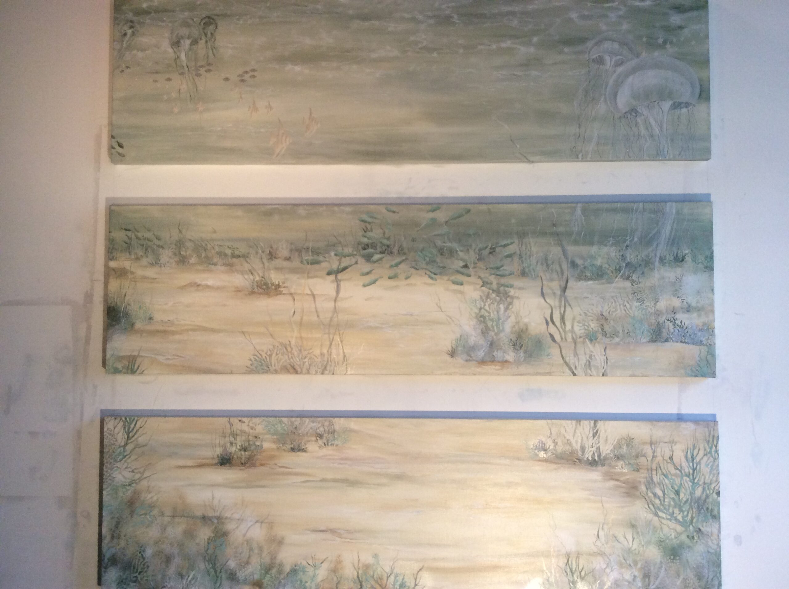 A painting of three different scenes in the same style.