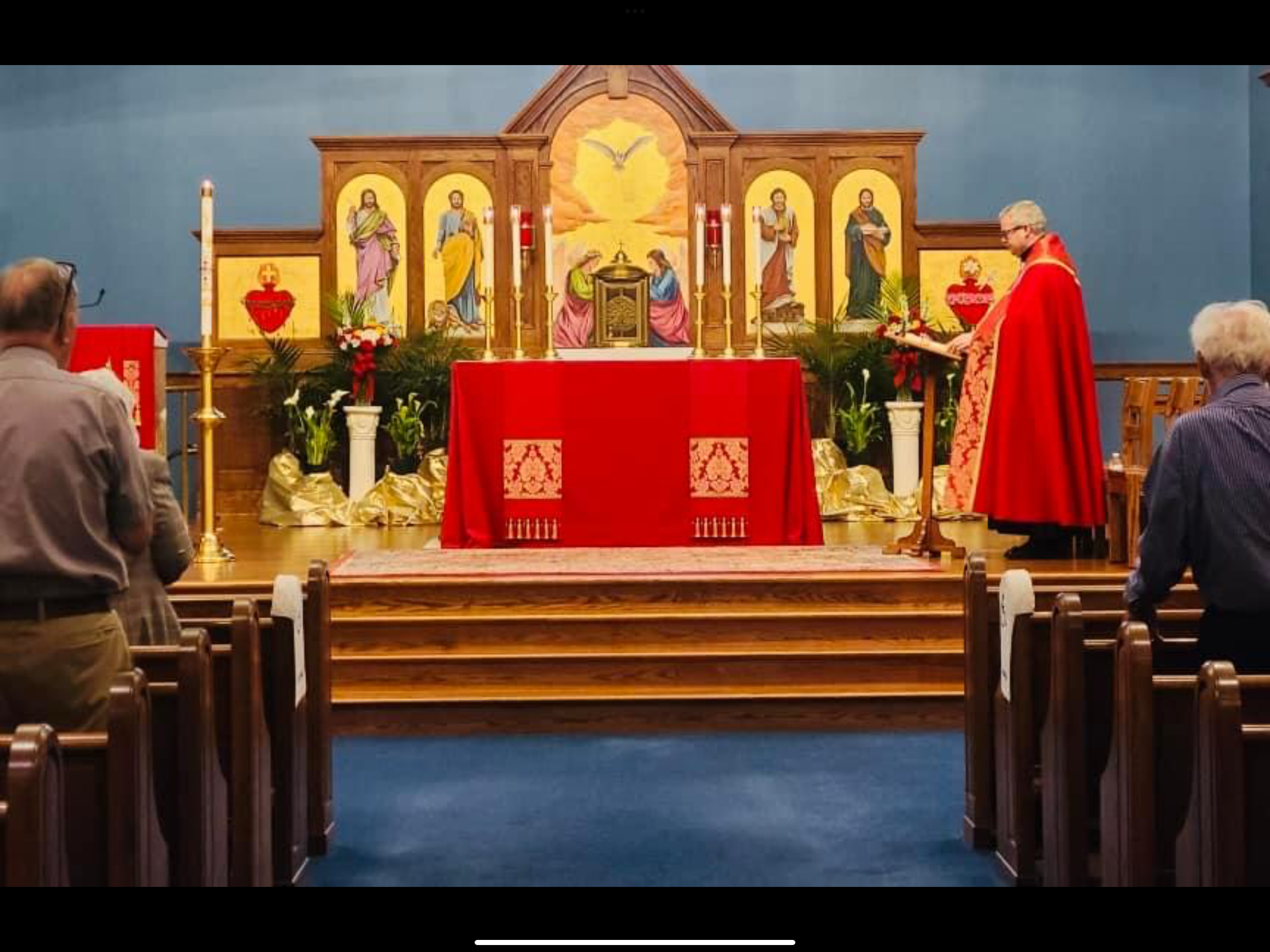 A priest is standing in front of the alter.