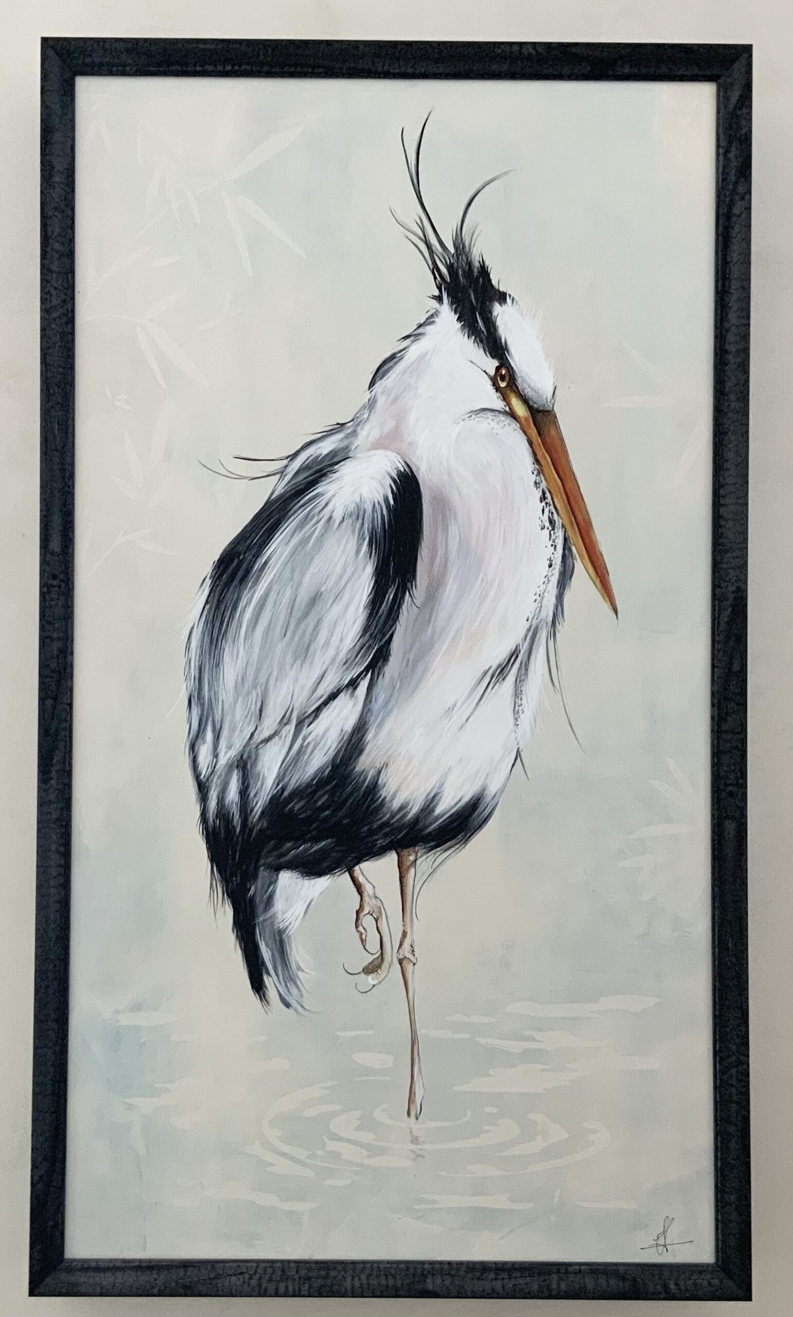 A painting of a bird with long legs