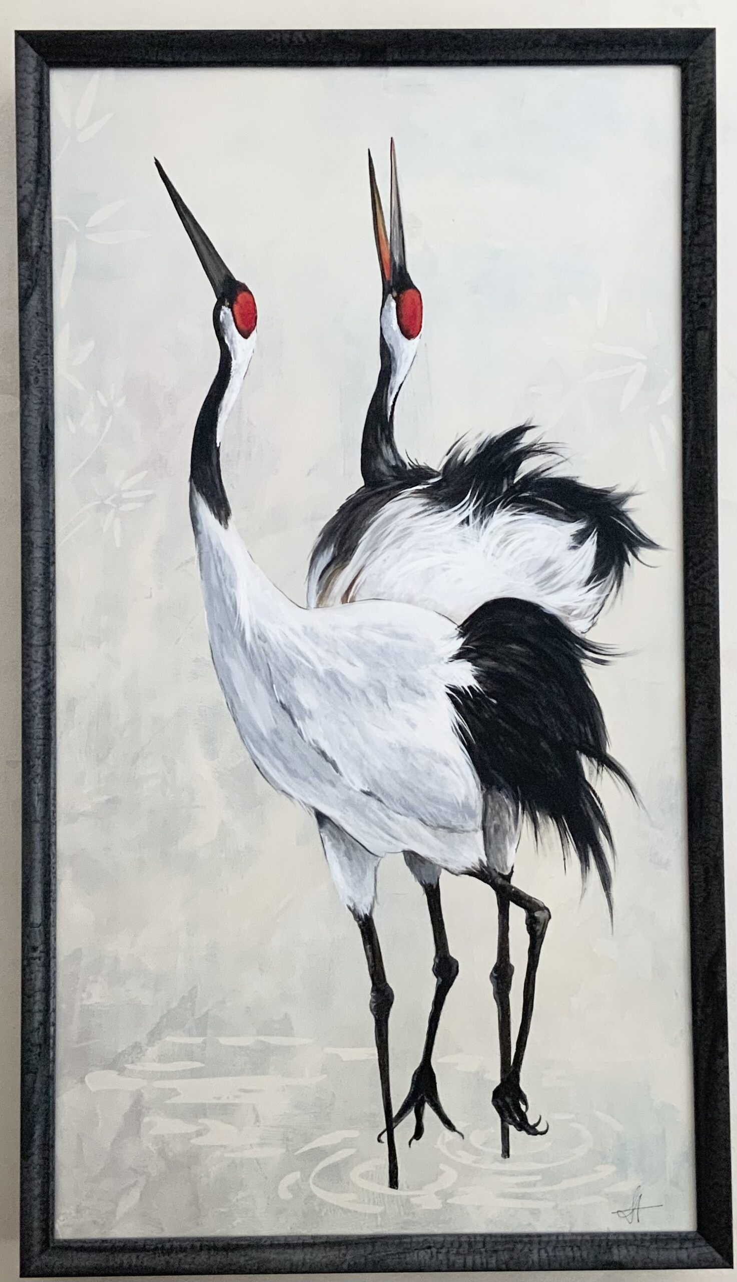 A painting of two birds standing next to each other.