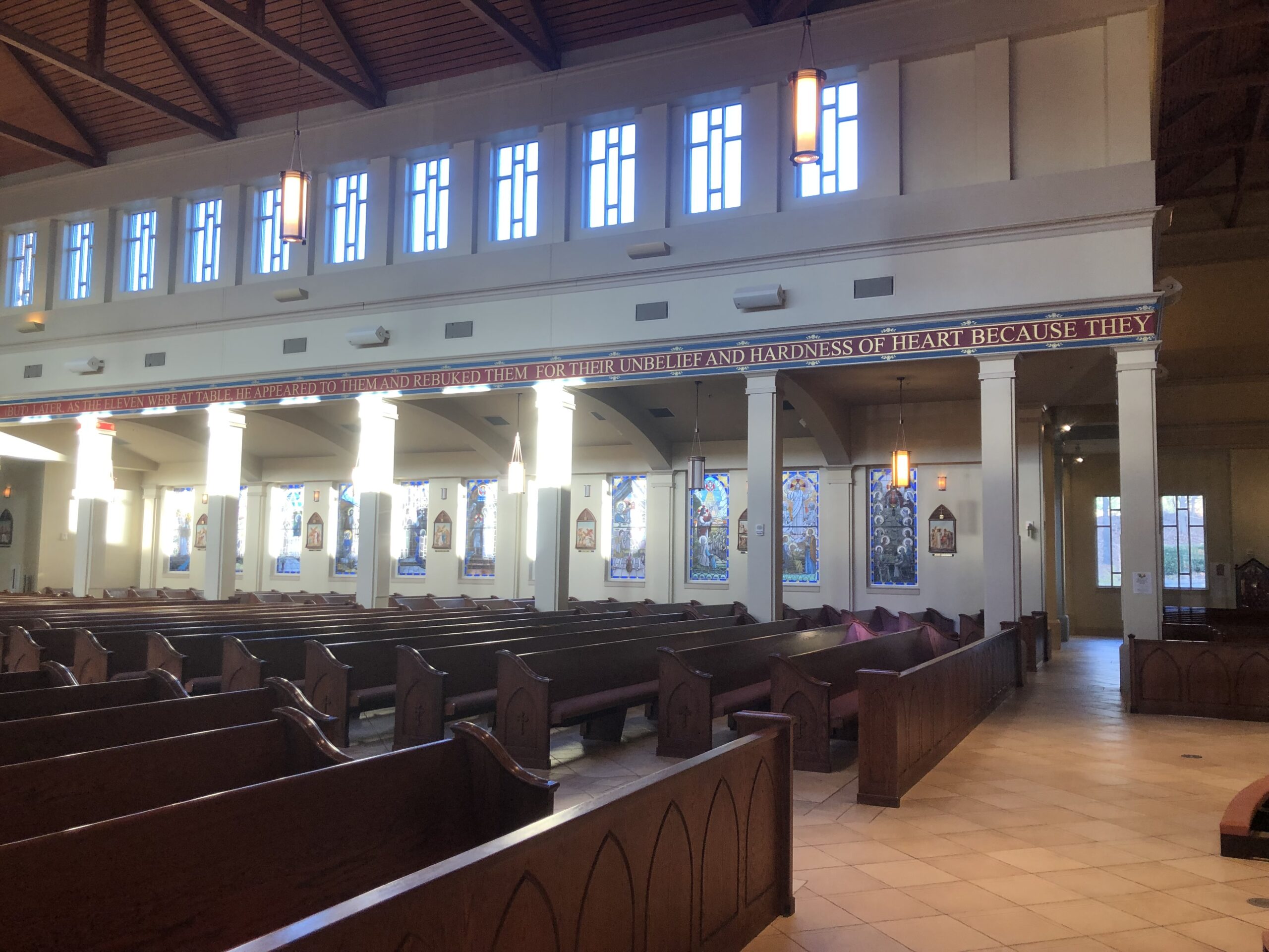 A church with many pews and windows